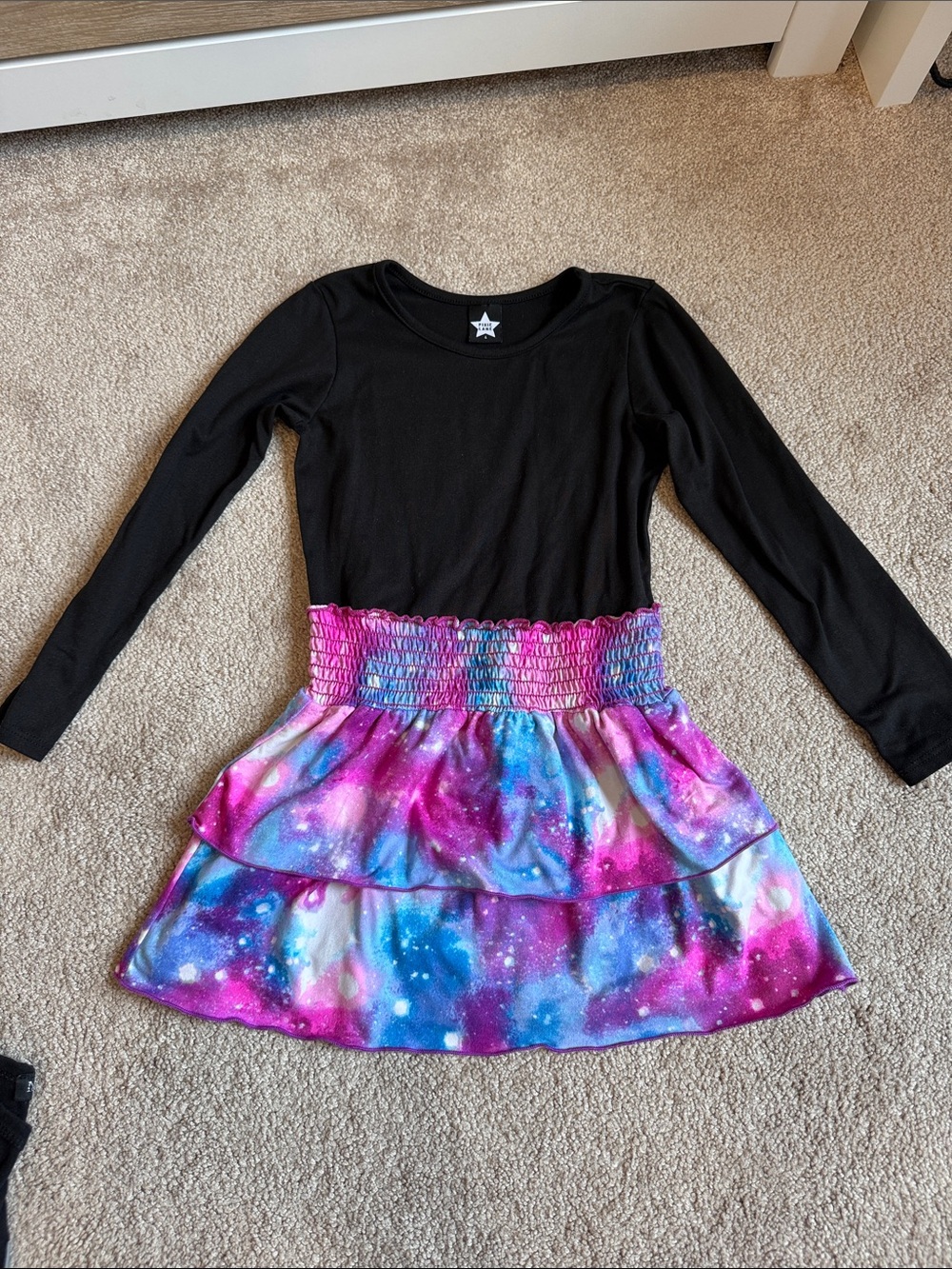 Girls Black Long-Sleeve Dress with Pink & Blue Galaxy Tiered Skirt